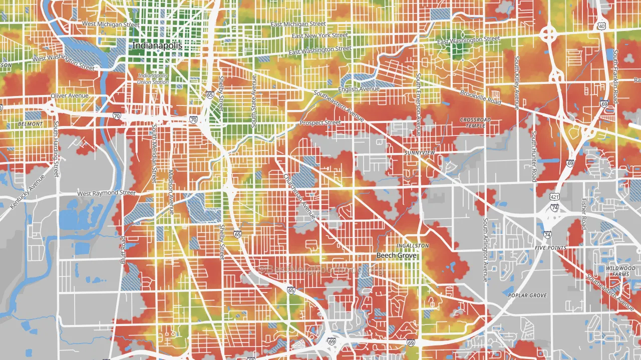 Walk Grade map of 46203, IN, walkable areas in green and car-dependent areas in red