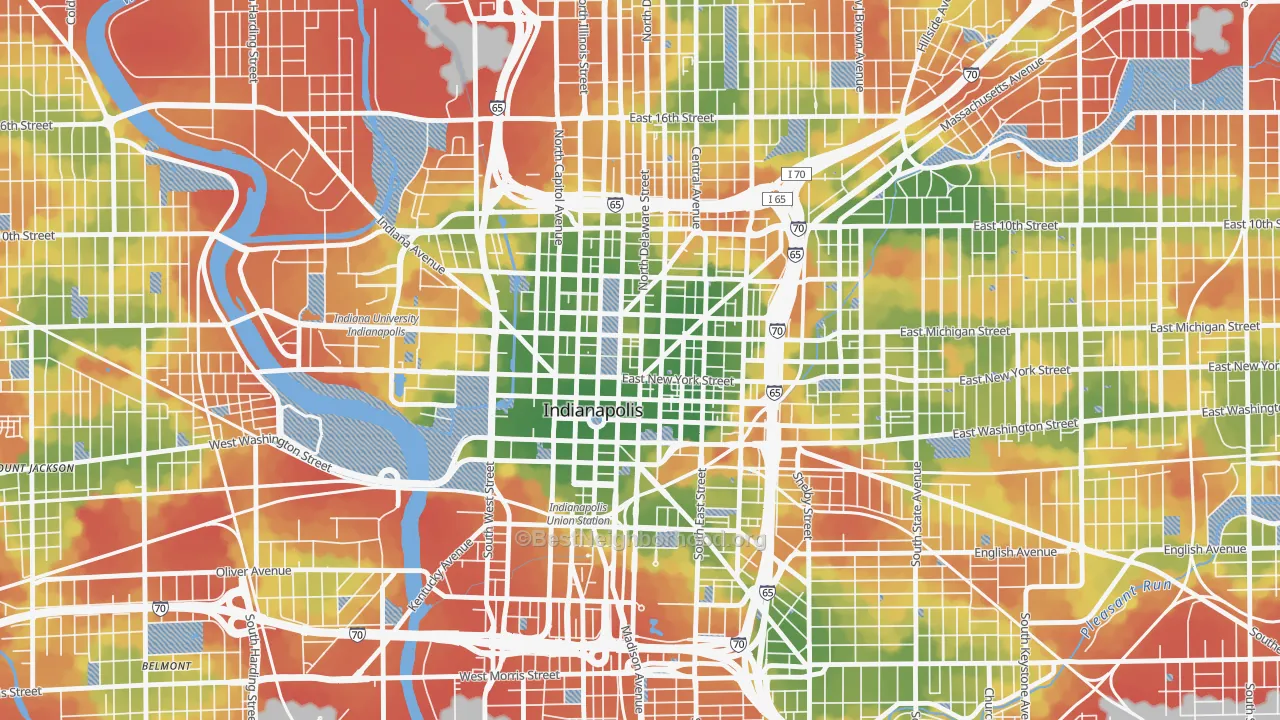 Walk Grade map of 46204, IN, walkable areas in green and car-dependent areas in red