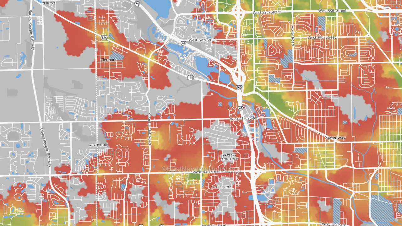 Walk Grade map of 46214, IN, walkable areas in green and car-dependent areas in red