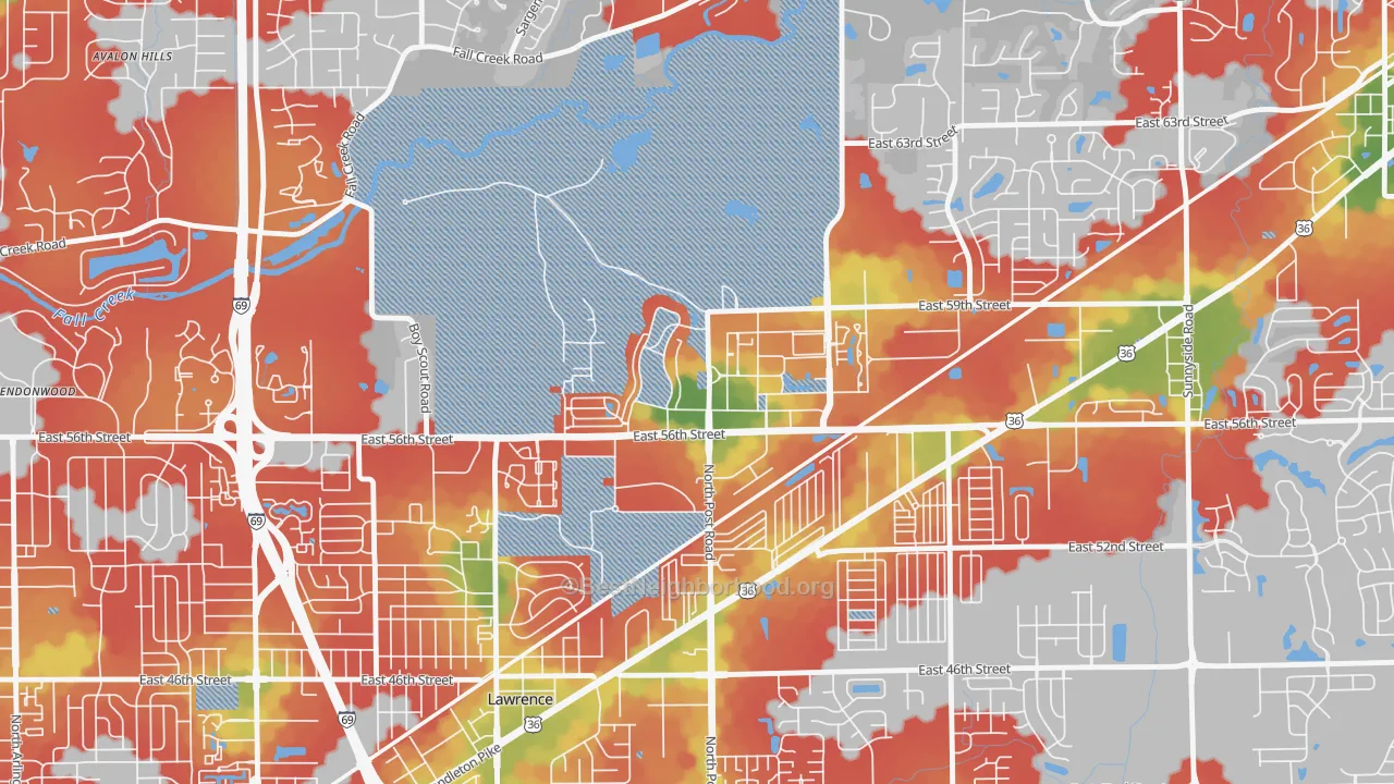Walk Grade map of 46216, IN, walkable areas in green and car-dependent areas in red