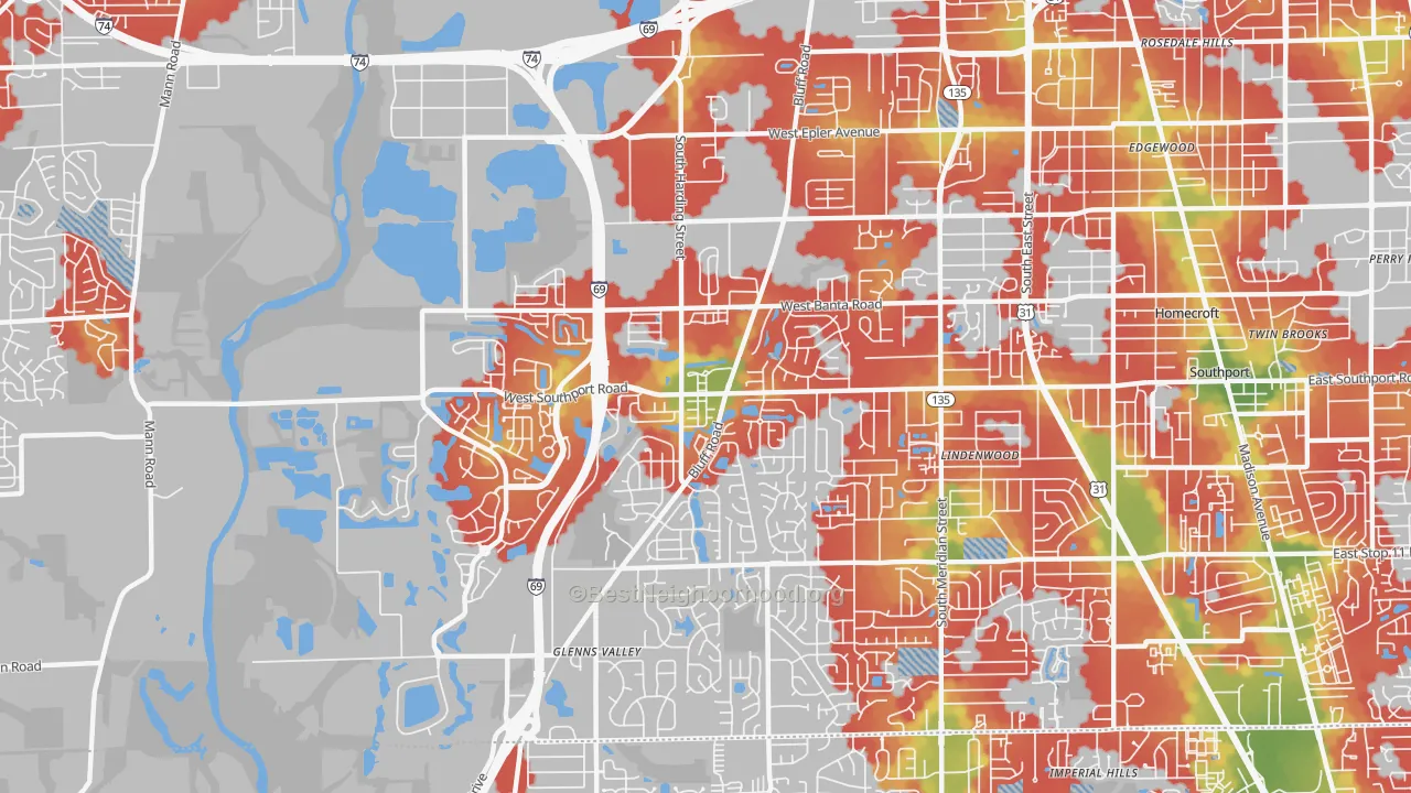 Walk Grade map of 46217, IN, walkable areas in green and car-dependent areas in red