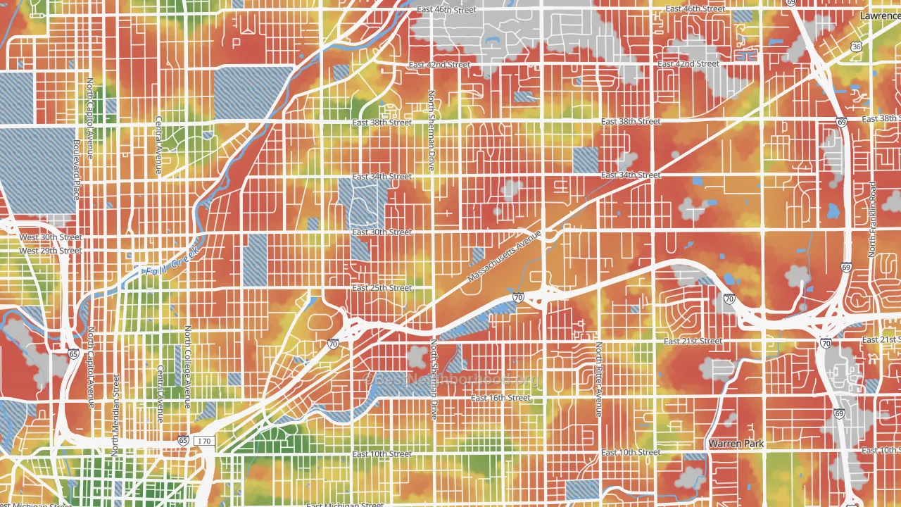 Walk Grade map of 46218, IN, walkable areas in green and car-dependent areas in red