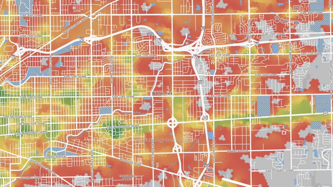 Walk Grade map of 46219, IN, walkable areas in green and car-dependent areas in red