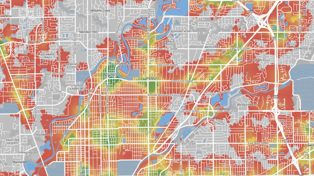 Walk Grade map of 46220, IN, walkable areas in green and car-dependent areas in red