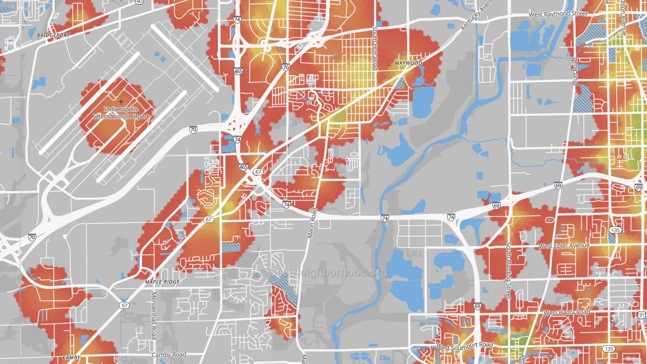 Walk Grade map of 46221, IN, walkable areas in green and car-dependent areas in red