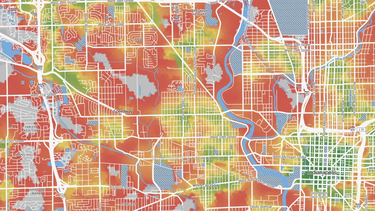 Walk Grade map of 46222, IN, walkable areas in green and car-dependent areas in red