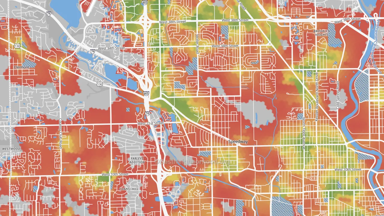 Walk Grade map of 46224, IN, walkable areas in green and car-dependent areas in red