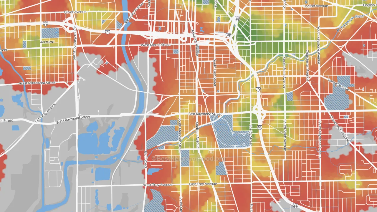 Walk Grade map of 46225, IN, walkable areas in green and car-dependent areas in red