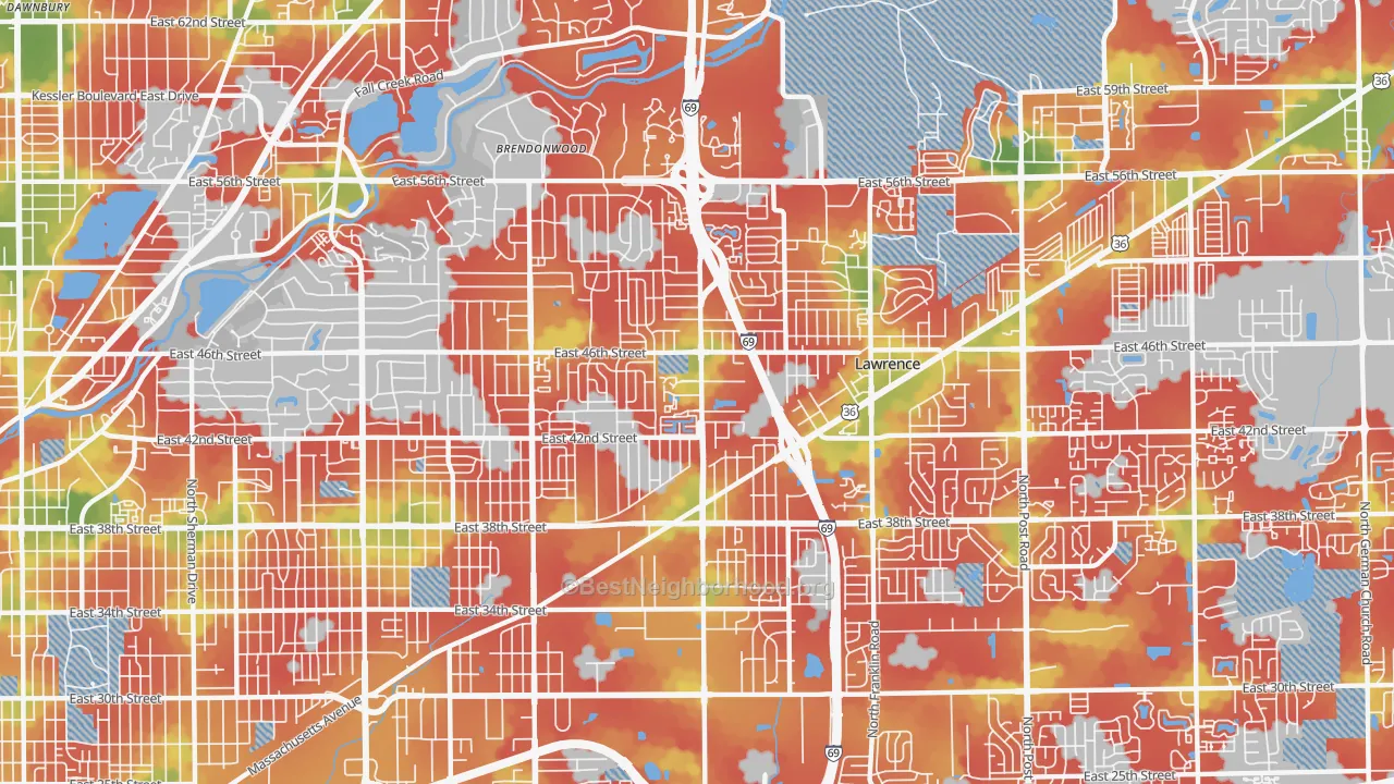 Walk Grade map of 46226, IN, walkable areas in green and car-dependent areas in red