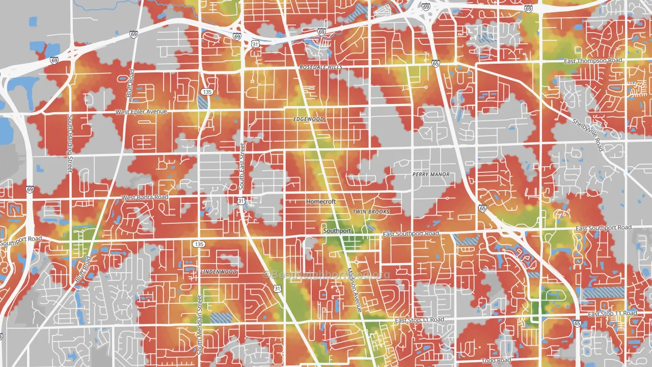 Walk Grade map of 46227, IN, walkable areas in green and car-dependent areas in red