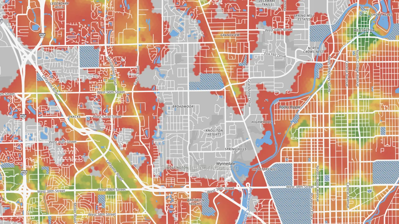 Walk Grade map of 46228, IN, walkable areas in green and car-dependent areas in red
