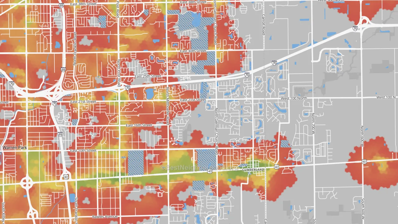 Walk Grade map of 46229, IN, walkable areas in green and car-dependent areas in red