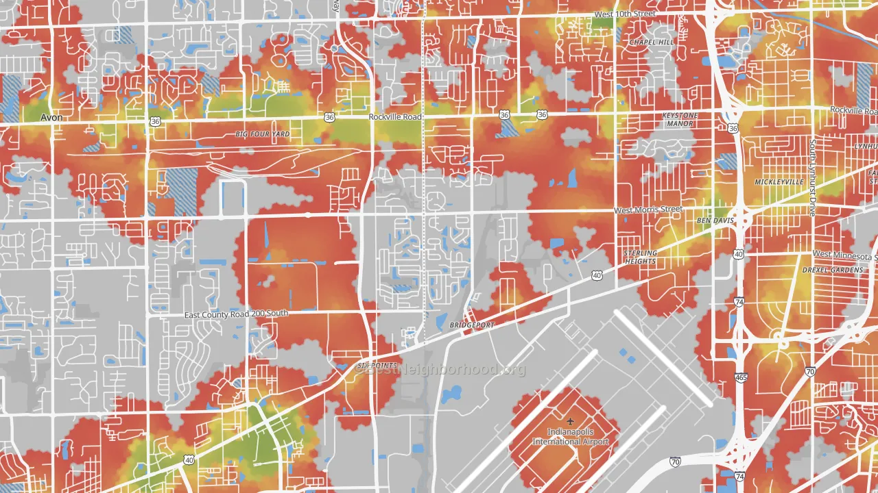 Walk Grade map of 46231, IN, walkable areas in green and car-dependent areas in red