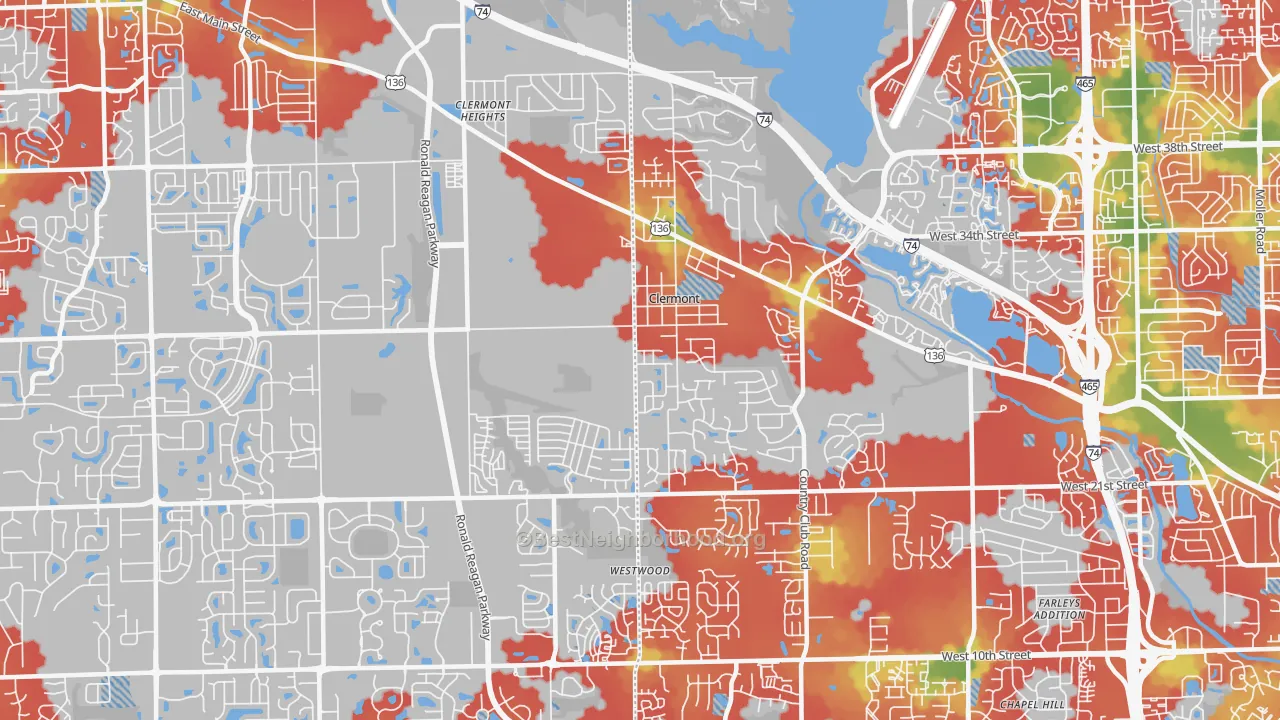 Walk Grade map of 46234, IN, walkable areas in green and car-dependent areas in red