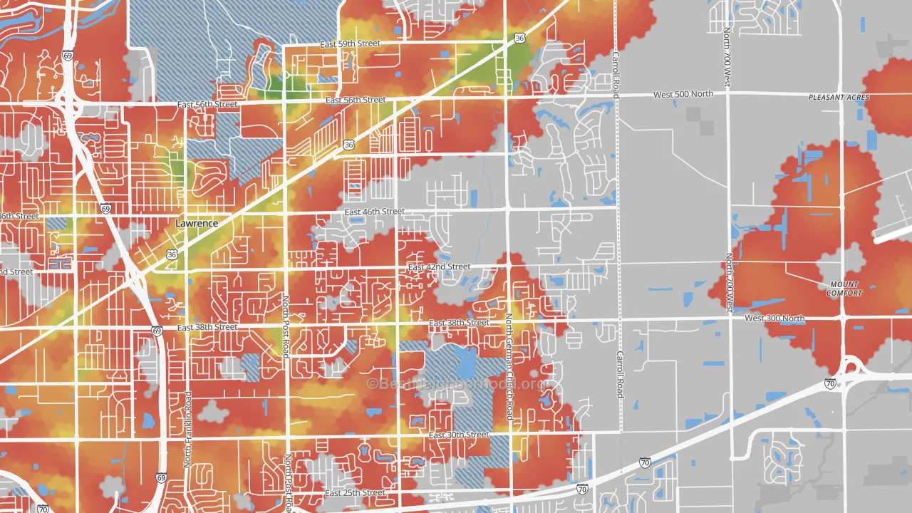 Walk Grade map of 46235, IN, walkable areas in green and car-dependent areas in red