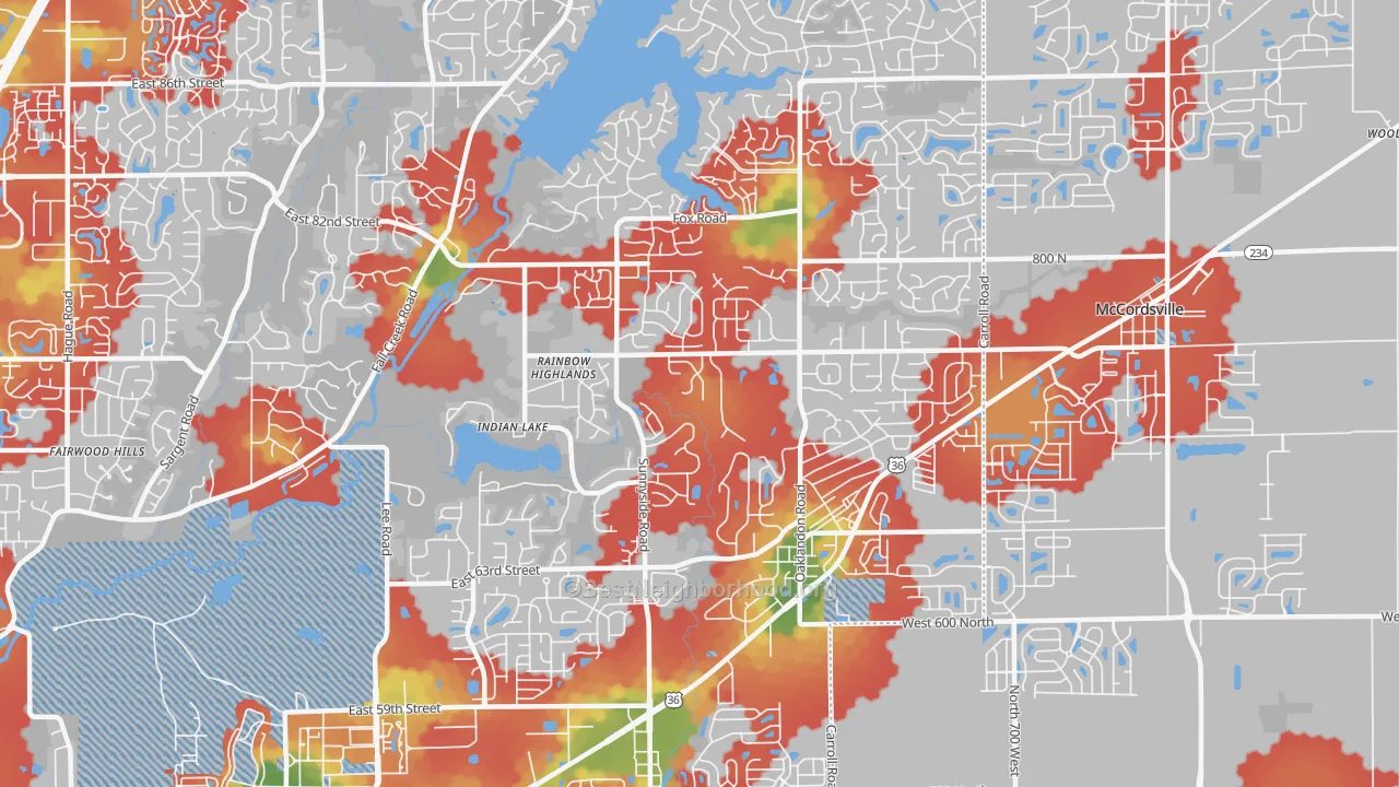 Walk Grade map of 46236, IN, walkable areas in green and car-dependent areas in red