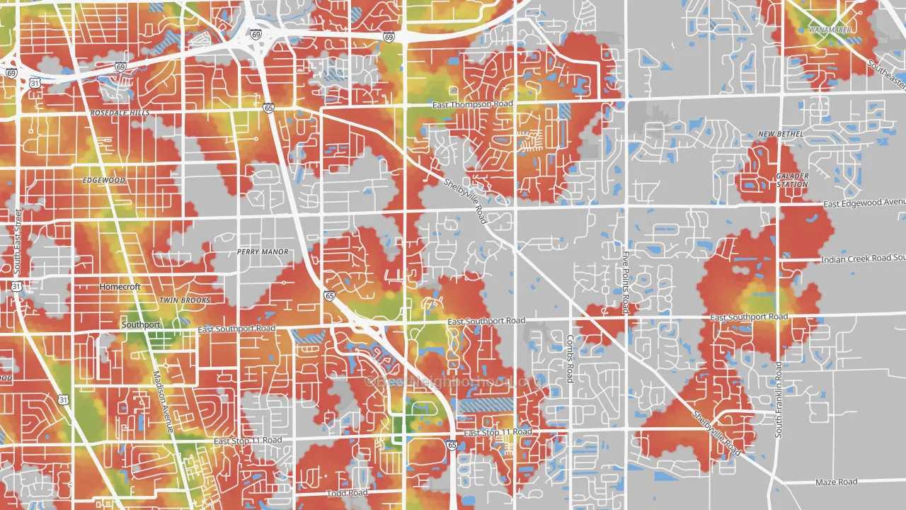 Walk Grade map of 46237, IN, walkable areas in green and car-dependent areas in red