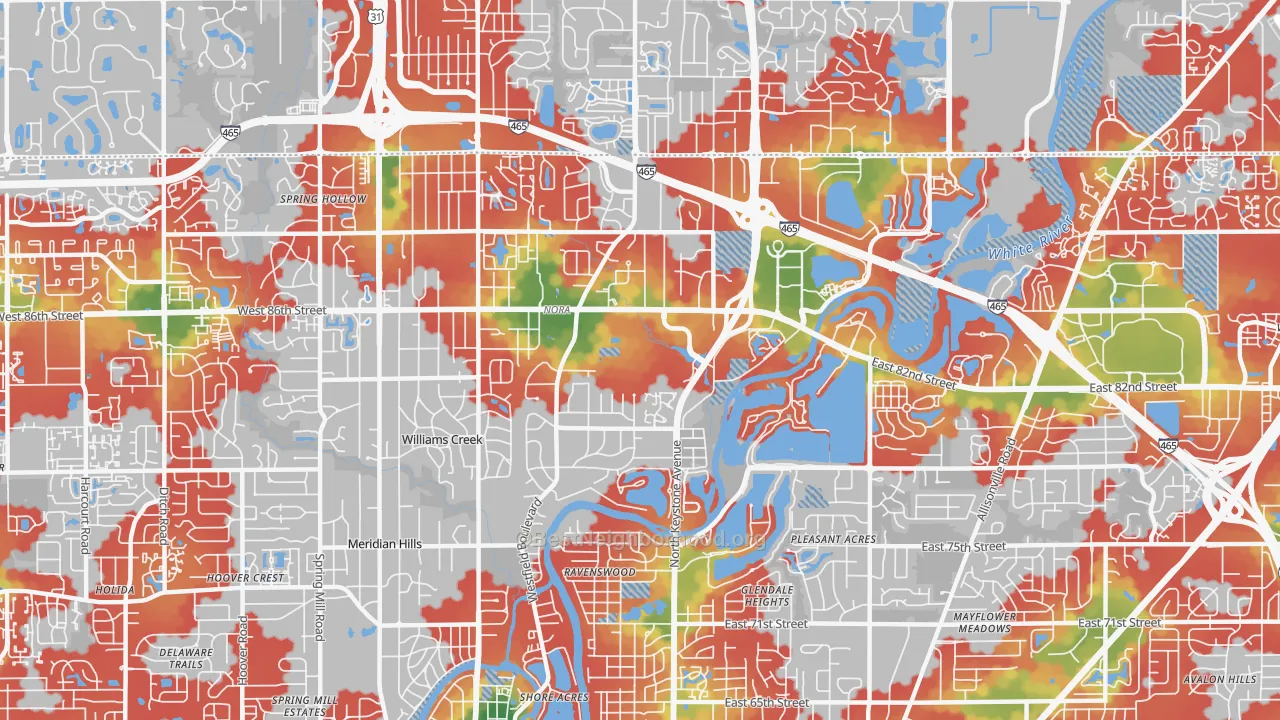 Walk Grade map of 46240, IN, walkable areas in green and car-dependent areas in red