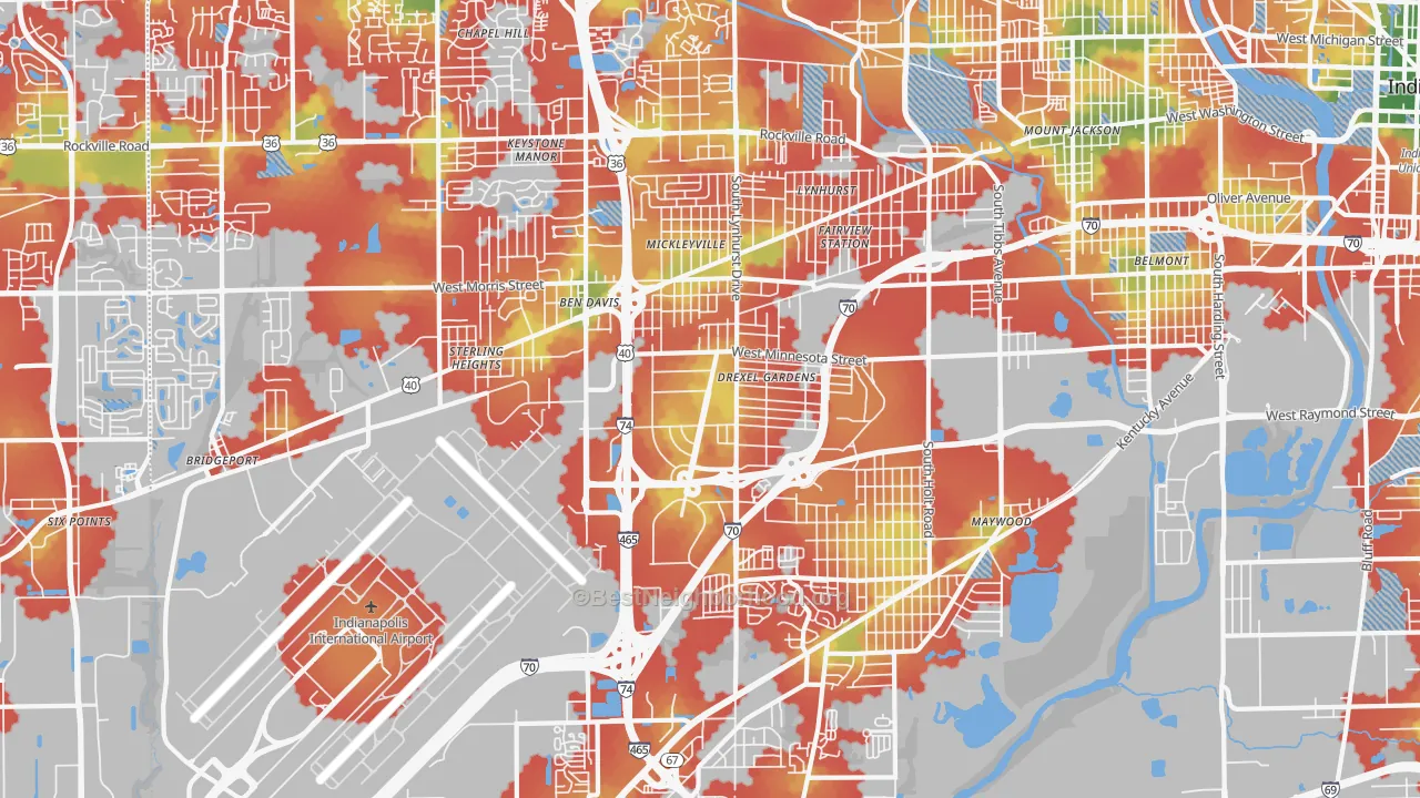 Walk Grade map of 46241, IN, walkable areas in green and car-dependent areas in red