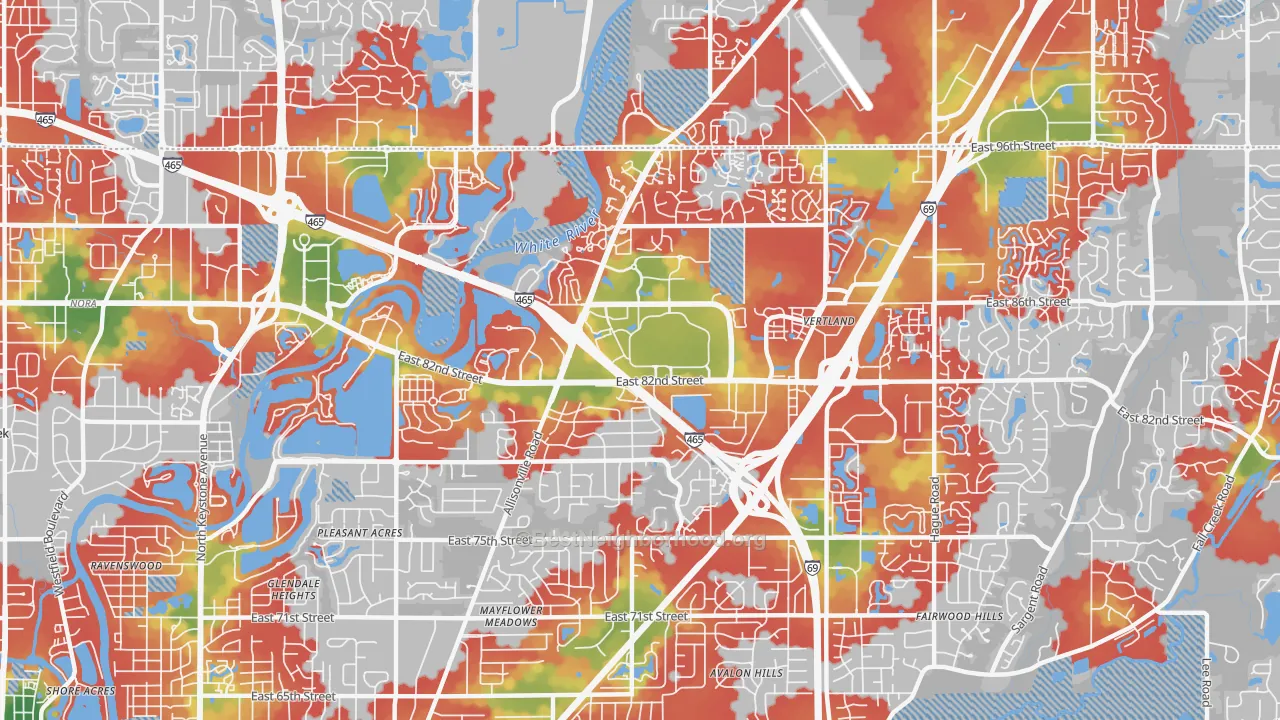 Walk Grade map of 46250, IN, walkable areas in green and car-dependent areas in red