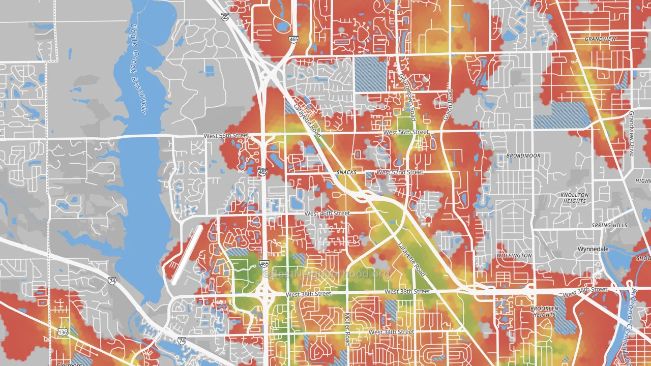 Walk Grade map of 46254, IN, walkable areas in green and car-dependent areas in red