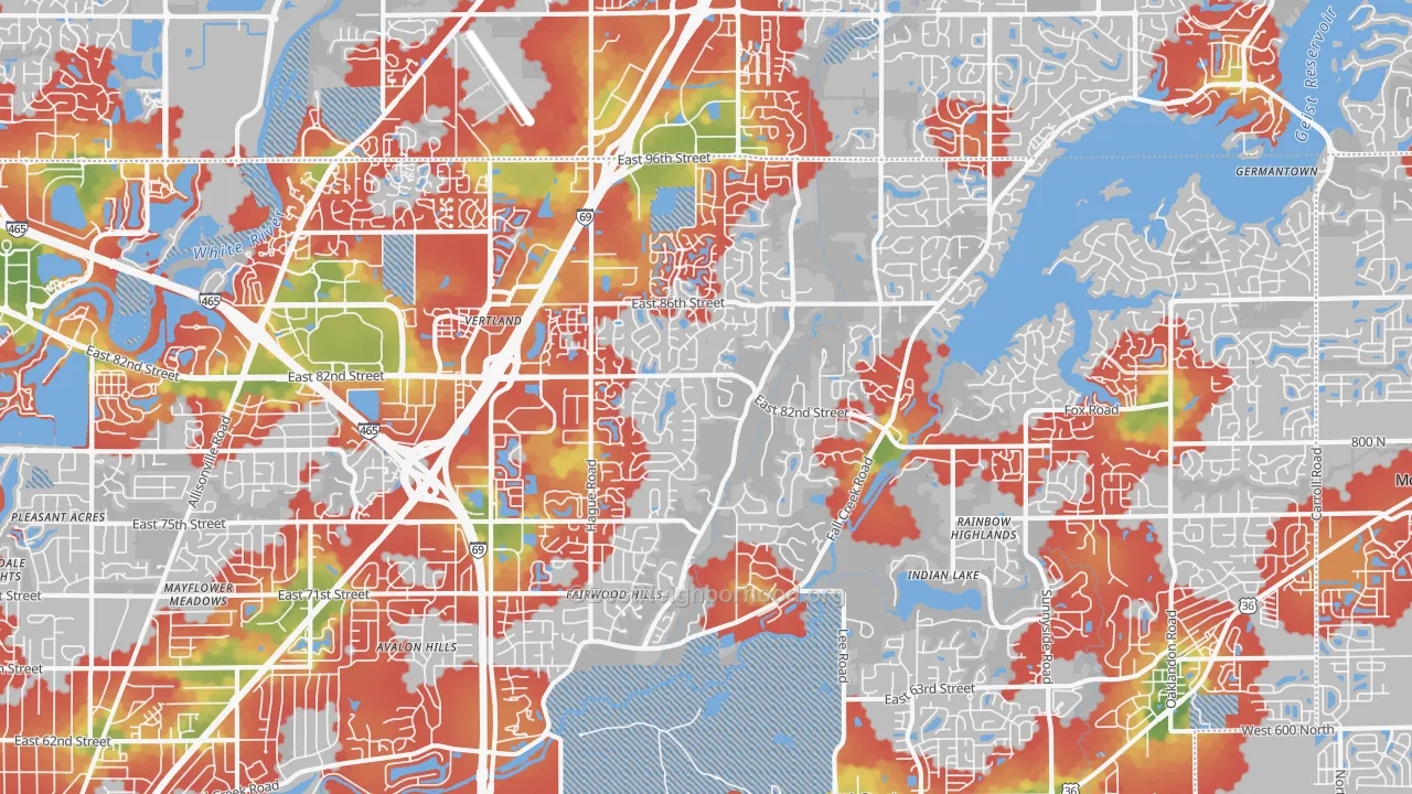 Walk Grade map of 46256, IN, walkable areas in green and car-dependent areas in red