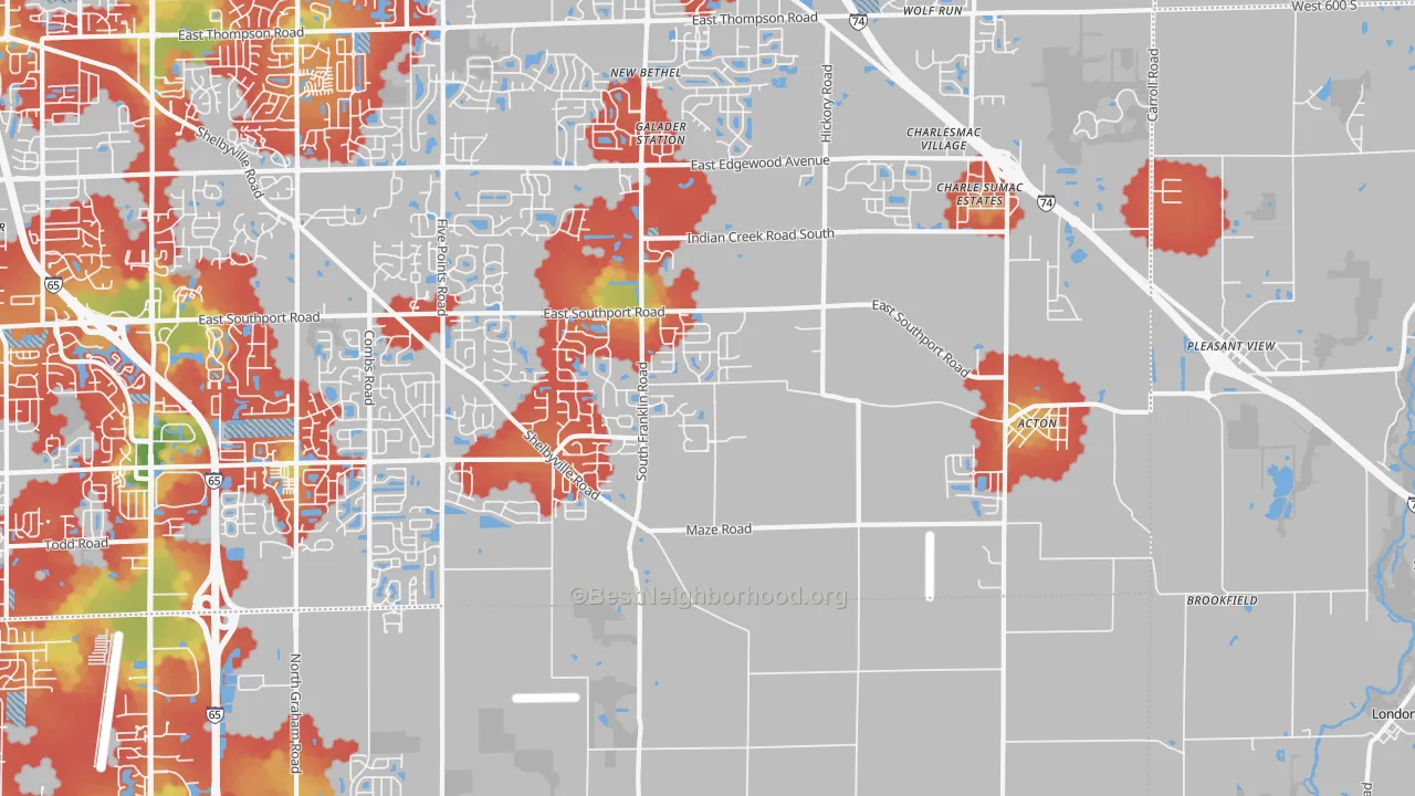Walk Grade map of 46259, IN, walkable areas in green and car-dependent areas in red
