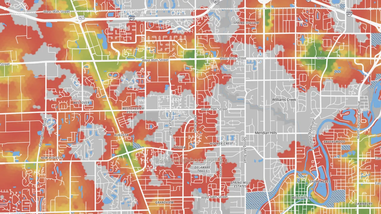 Walk Grade map of 46260, IN, walkable areas in green and car-dependent areas in red