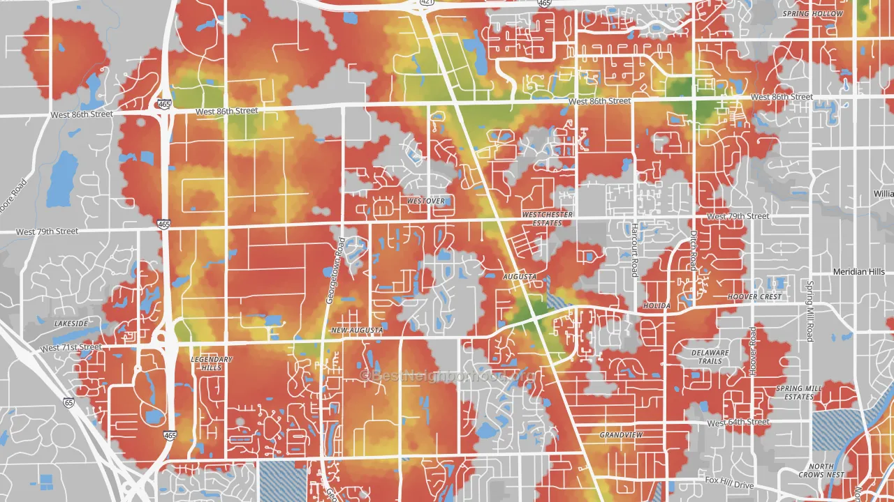 Walk Grade map of 46268, IN, walkable areas in green and car-dependent areas in red