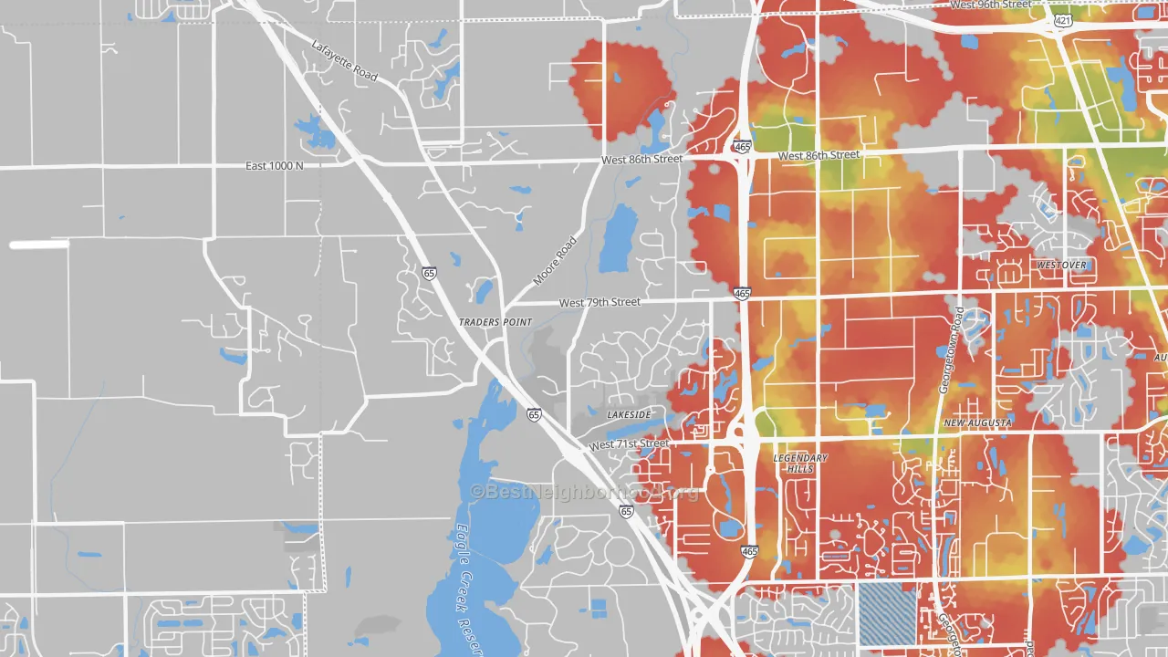 Walk Grade map of 46278, IN, walkable areas in green and car-dependent areas in red