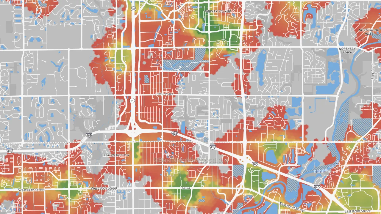 Walk Grade map of 46280, IN, walkable areas in green and car-dependent areas in red