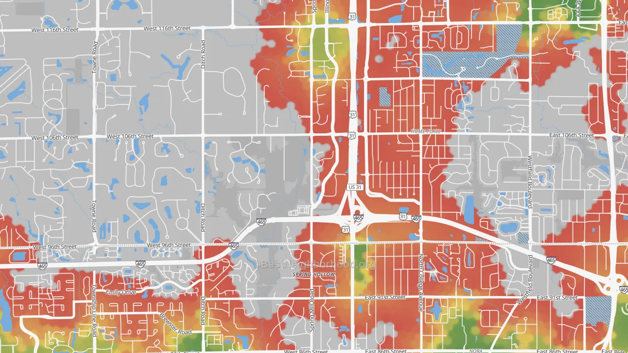 Walk Grade map of 46290, IN, walkable areas in green and car-dependent areas in red
