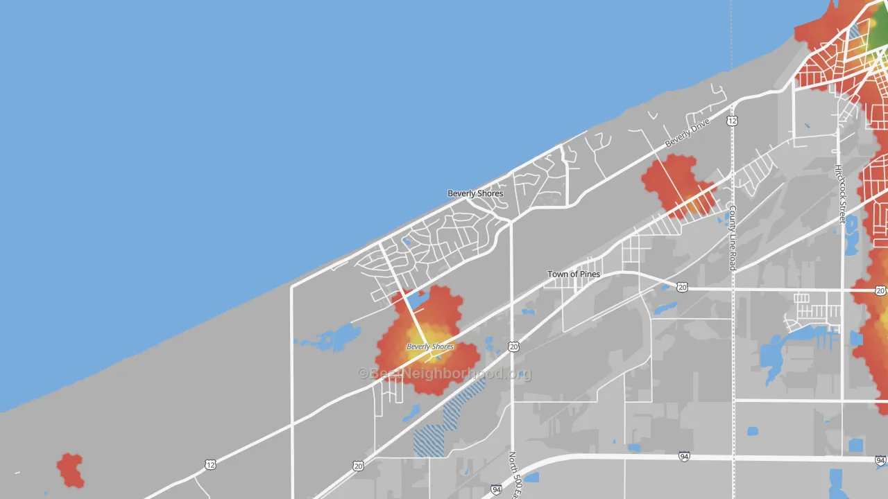 Walk Grade map of 46301, IN, walkable areas in green and car-dependent areas in red