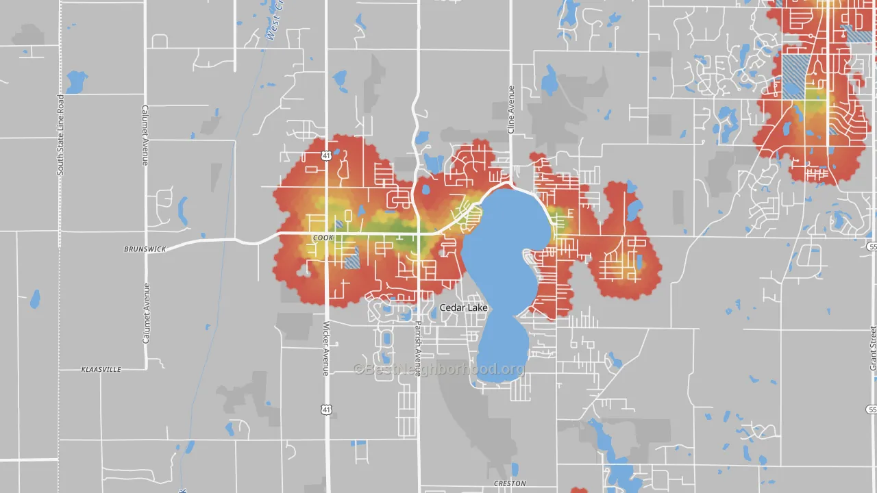 Walk Grade map of 46303, IN, walkable areas in green and car-dependent areas in red