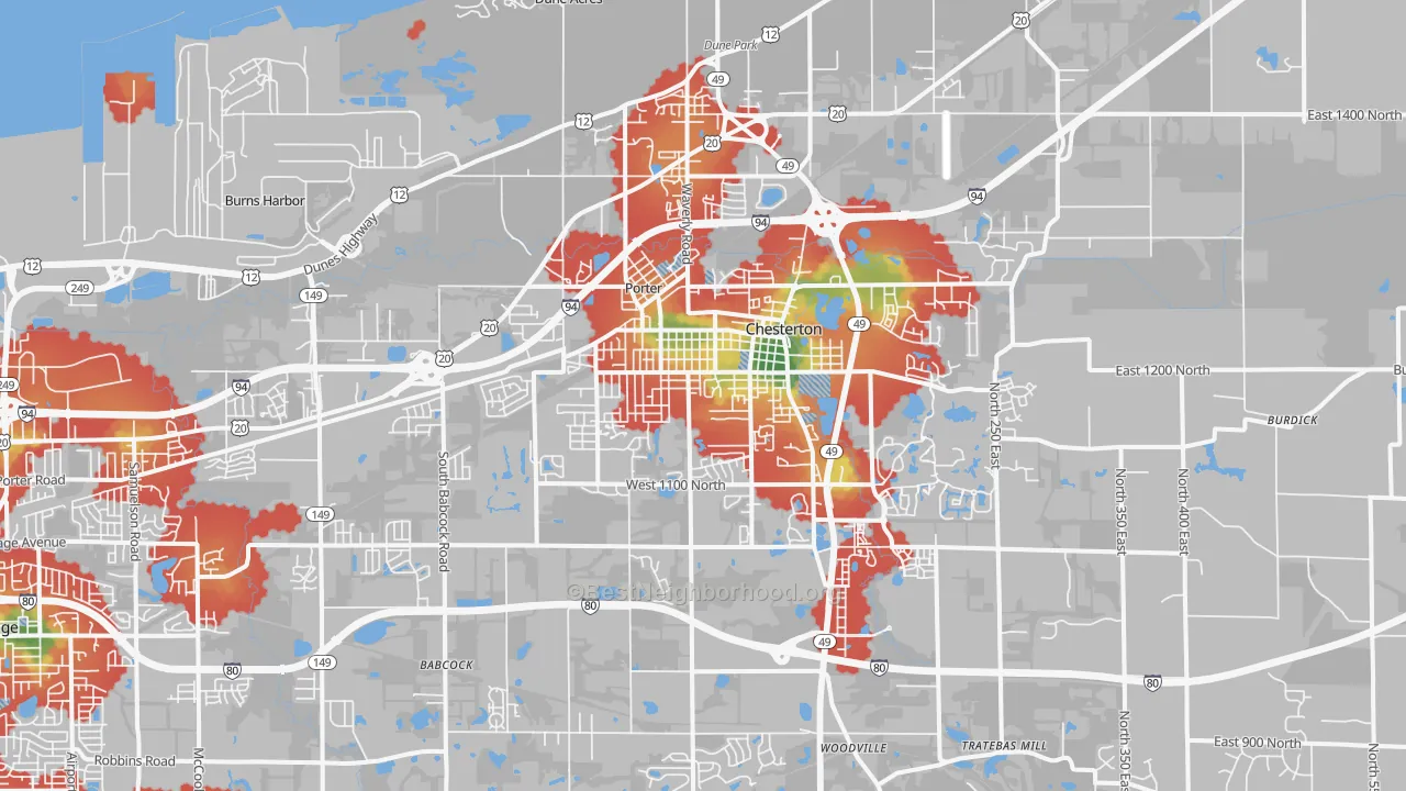 Walk Grade map of 46304, IN, walkable areas in green and car-dependent areas in red