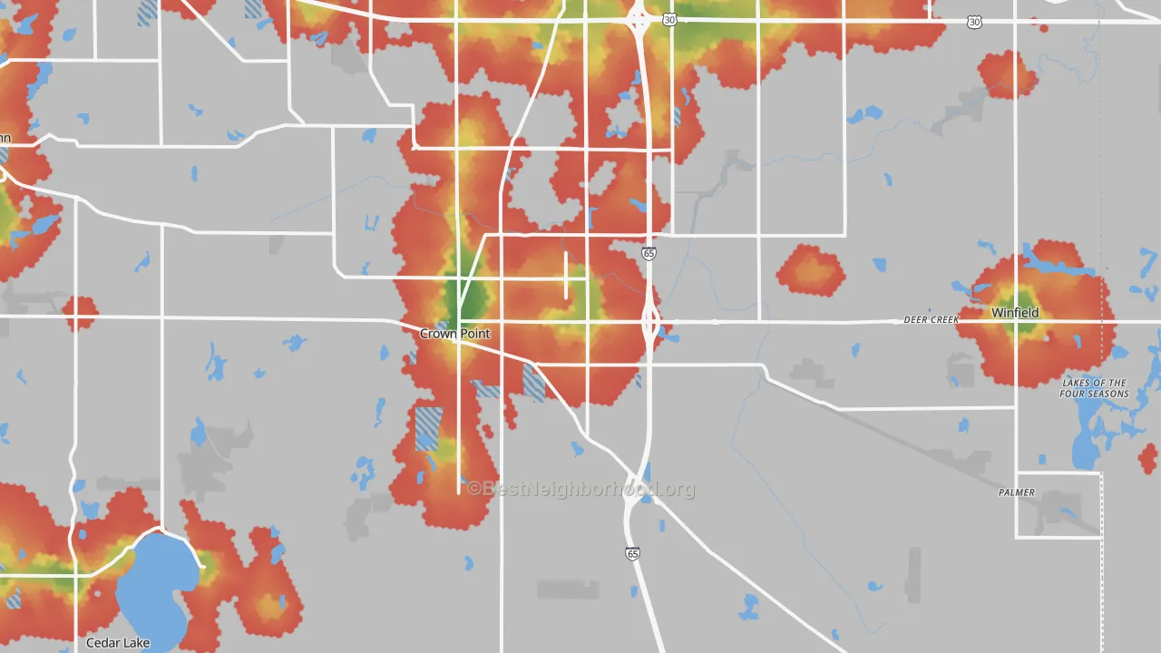 Walk Grade map of 46307, IN, walkable areas in green and car-dependent areas in red