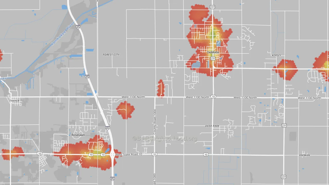 Walk Grade map of 46310, IN, walkable areas in green and car-dependent areas in red