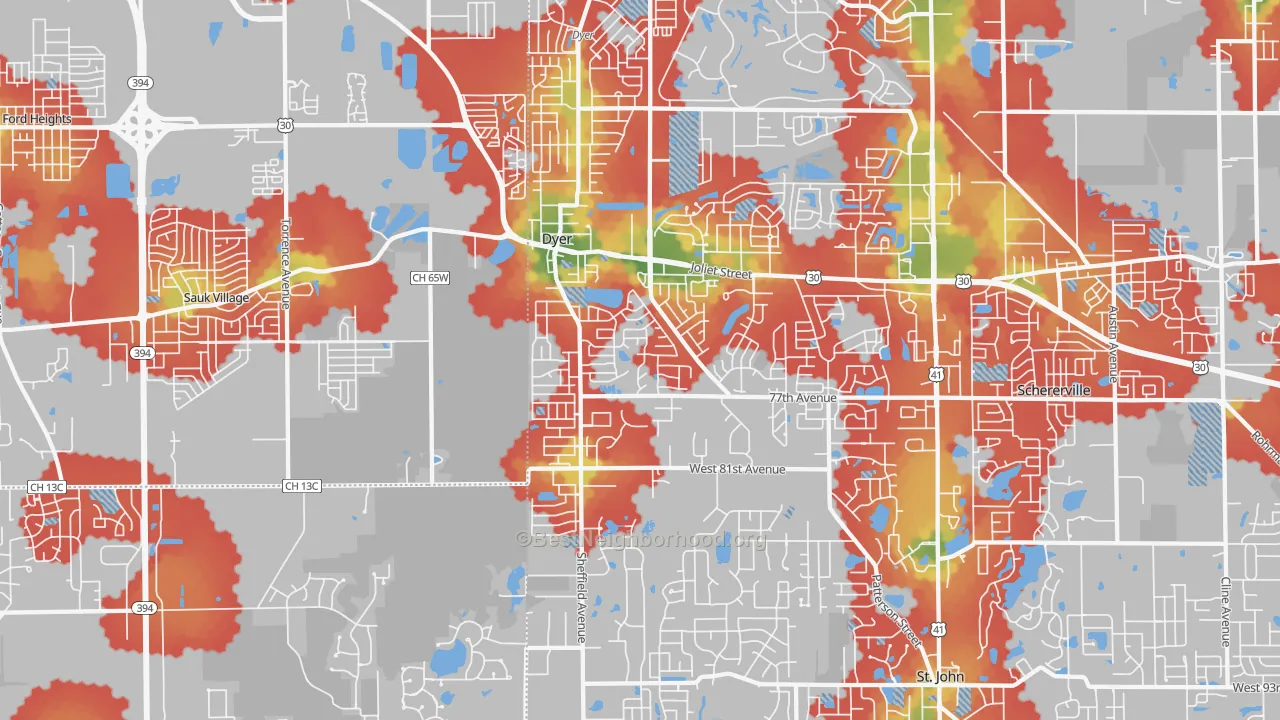 Walk Grade map of 46311, IN, walkable areas in green and car-dependent areas in red