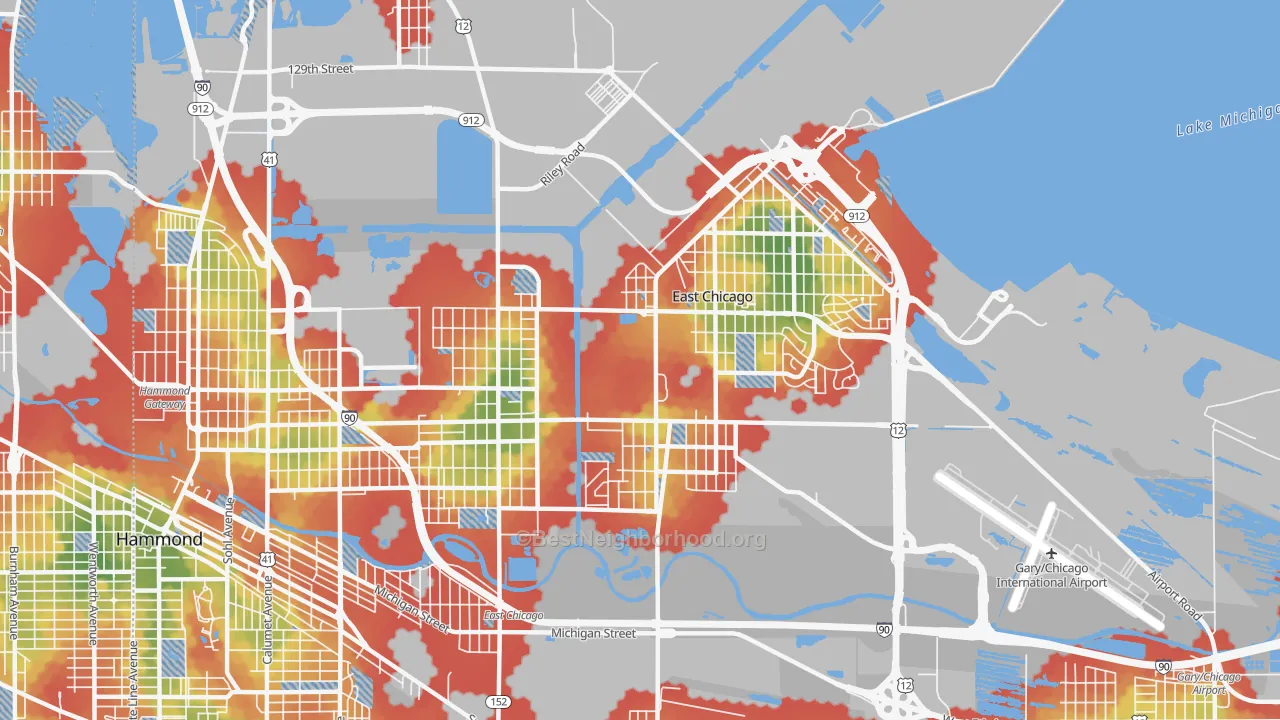 Walk Grade map of 46312, IN, walkable areas in green and car-dependent areas in red