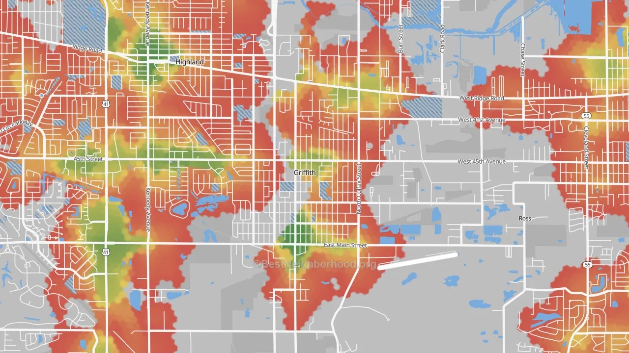 Walk Grade map of 46319, IN, walkable areas in green and car-dependent areas in red