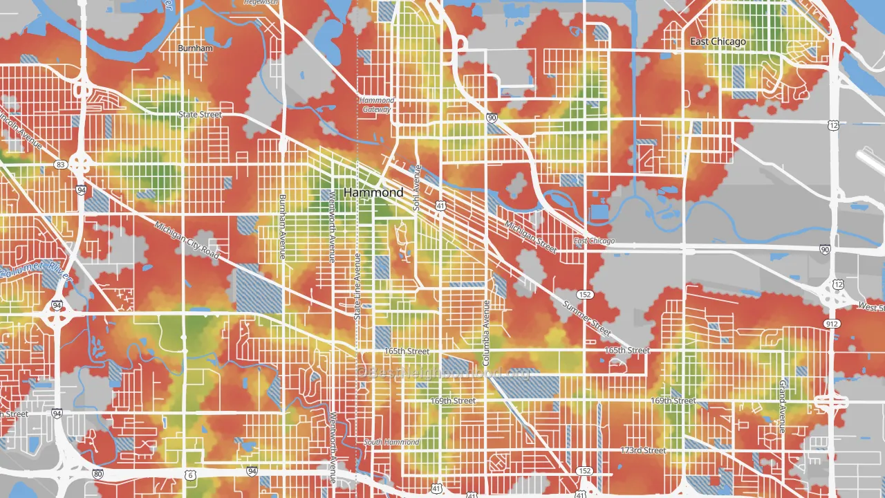 Walk Grade map of 46320, IN, walkable areas in green and car-dependent areas in red