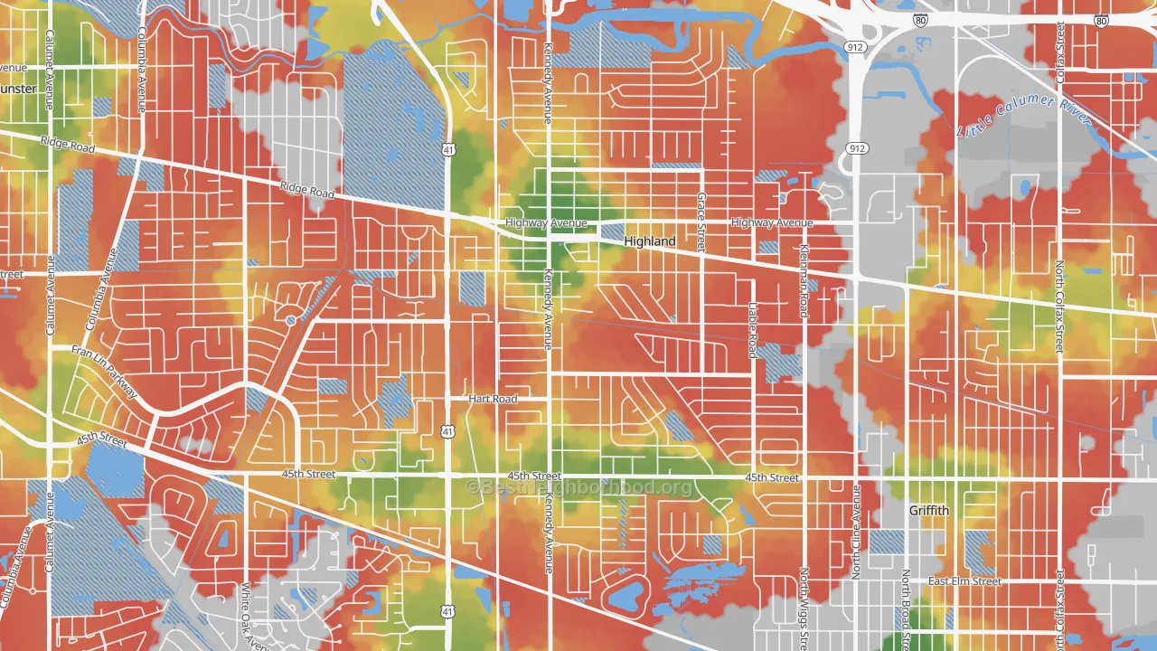 Walk Grade map of 46322, IN, walkable areas in green and car-dependent areas in red