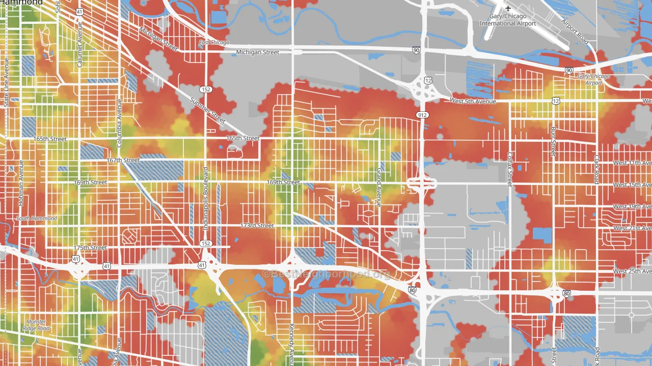 Walk Grade map of 46323, IN, walkable areas in green and car-dependent areas in red