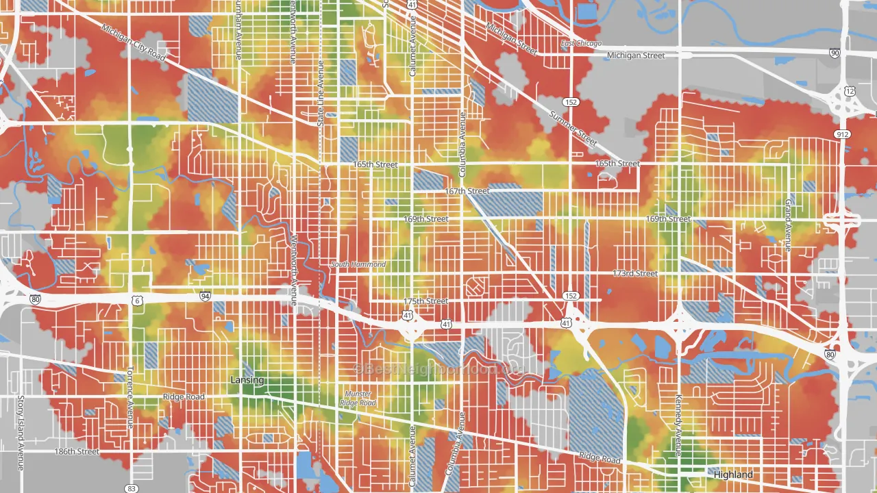 Walk Grade map of 46324, IN, walkable areas in green and car-dependent areas in red
