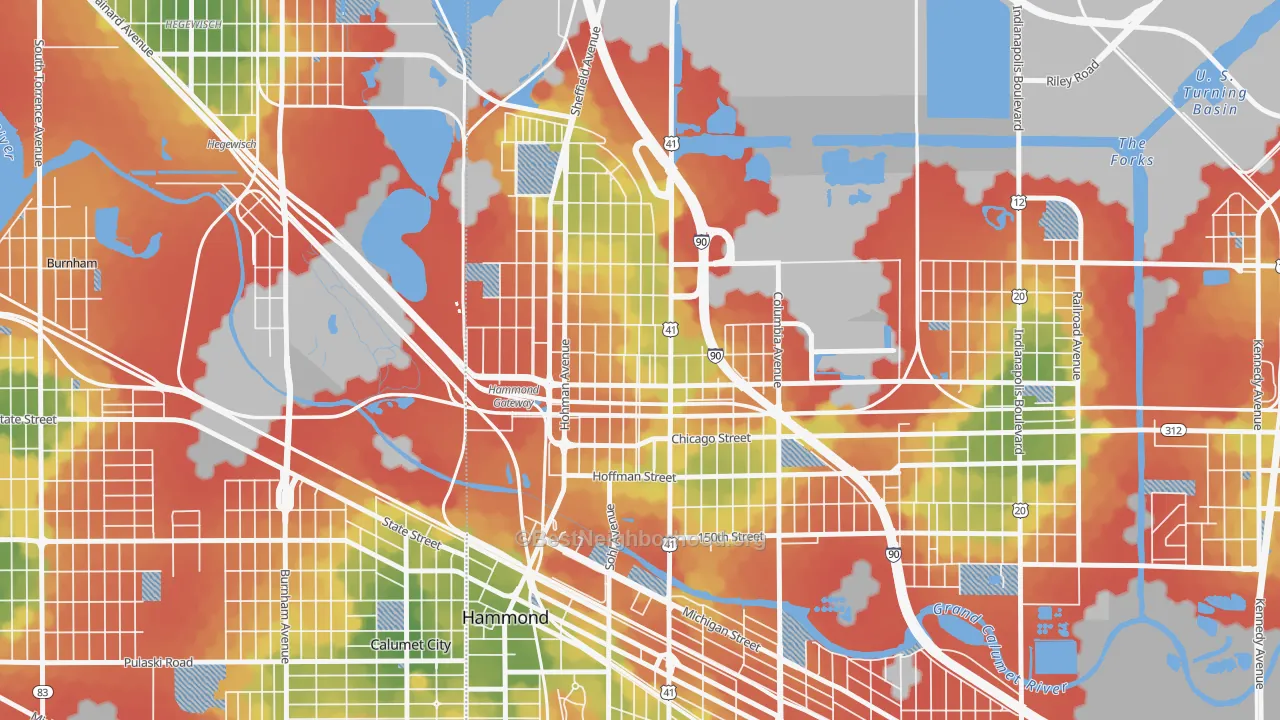 Walk Grade map of 46327, IN, walkable areas in green and car-dependent areas in red
