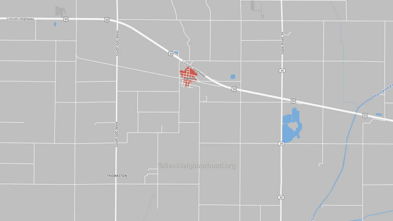Walk Grade map of 46340, IN, walkable areas in green and car-dependent areas in red