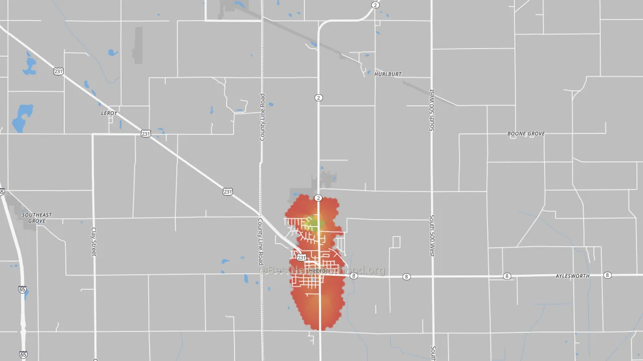 Walk Grade map of 46341, IN, walkable areas in green and car-dependent areas in red