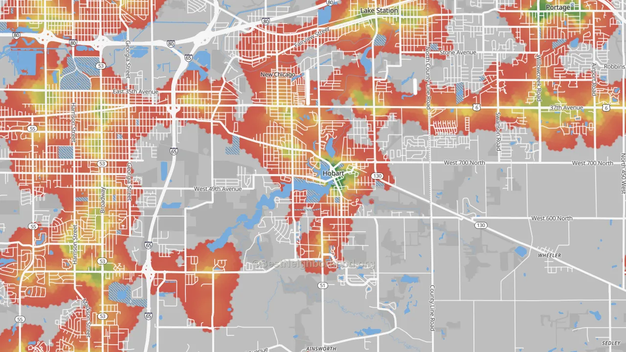 Walk Grade map of 46342, IN, walkable areas in green and car-dependent areas in red