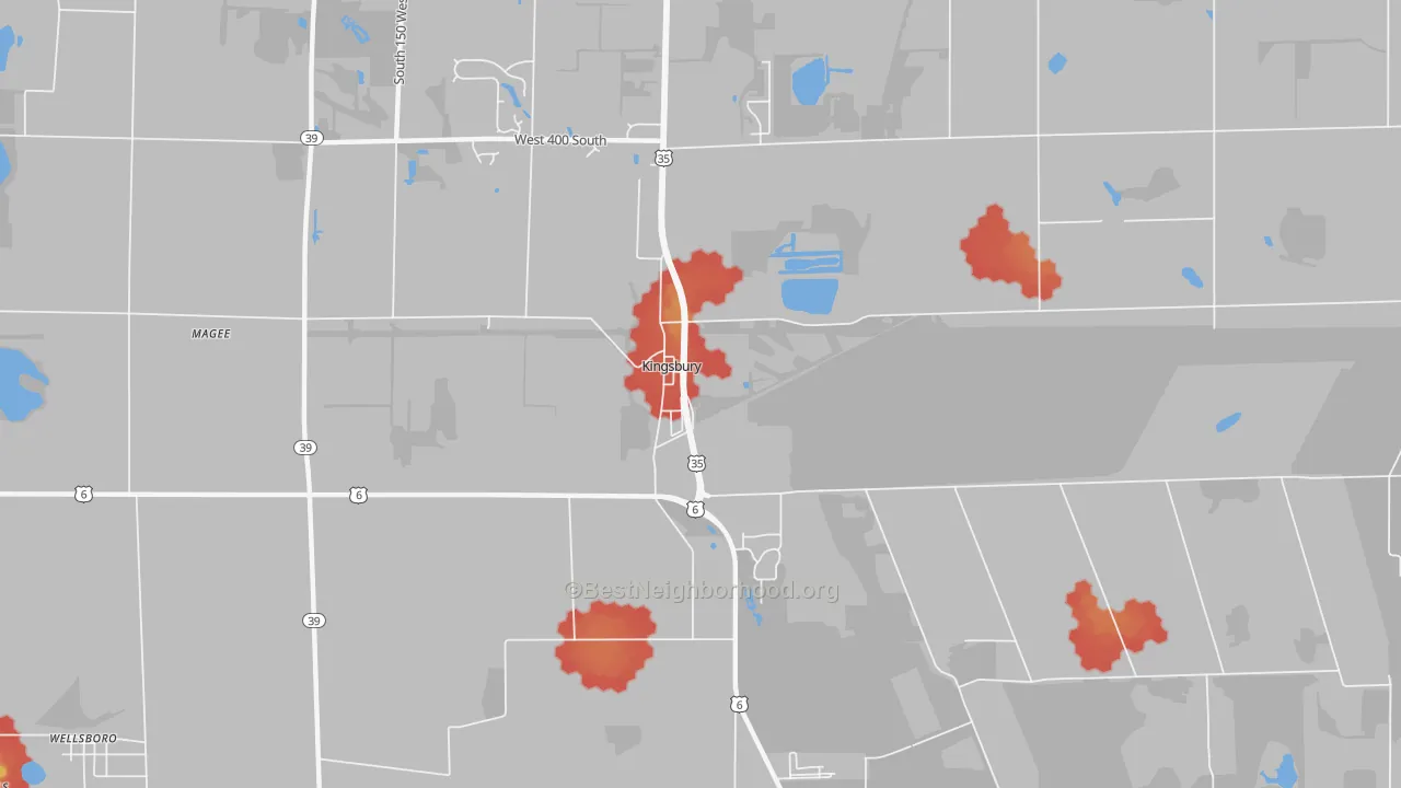 Walk Grade map of 46345, IN, walkable areas in green and car-dependent areas in red