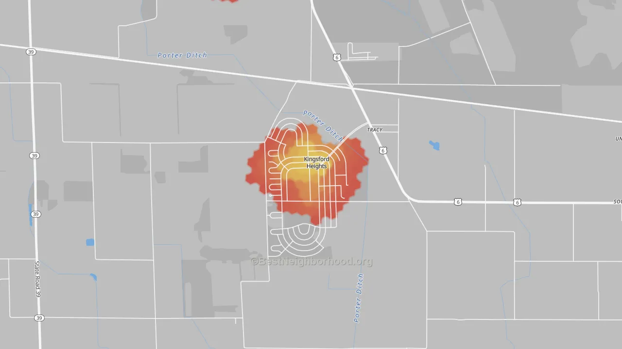 Walk Grade map of 46346, IN, walkable areas in green and car-dependent areas in red